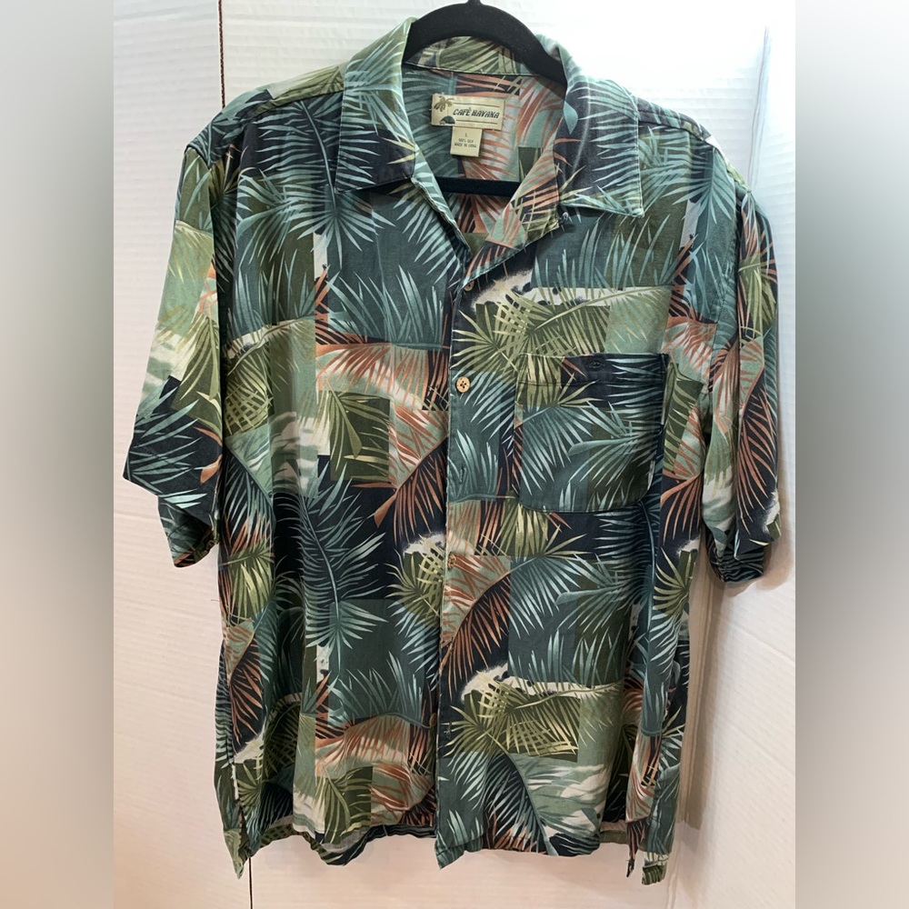 Cafe Havana 100% Silk Short Sleeve Button Up Shirt Jungle Hawaiian Size Large